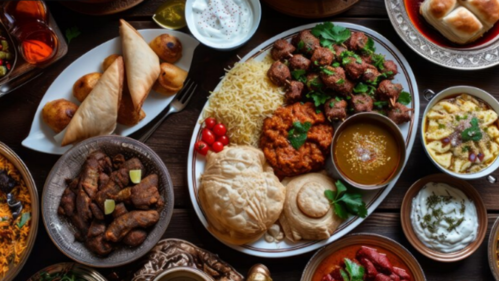 An image of some desi home-made foods including rice, chutney, samosa etc.