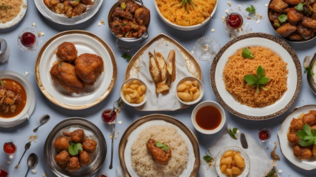 An image of different snacks placed on table.