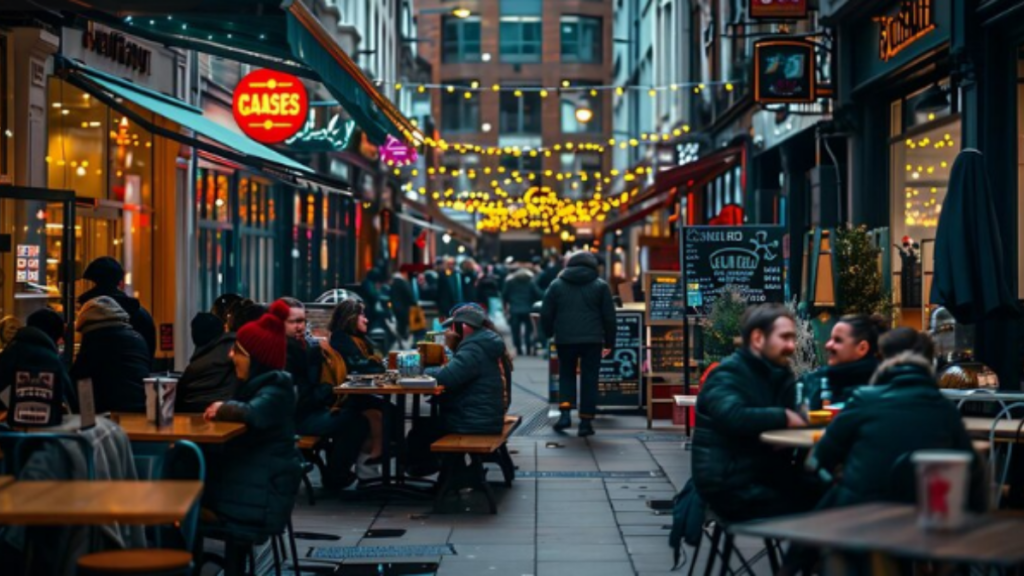 An infographics of Di Fara Pizza showing multiple people sitting outside and eating their food.