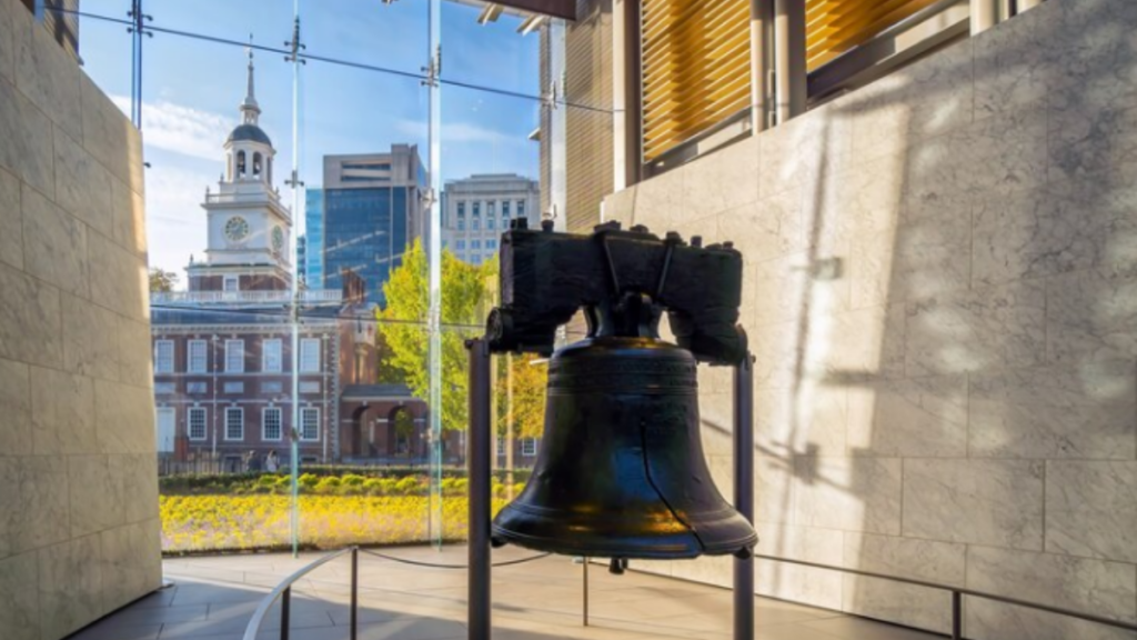 An image of a bell placed at a museum and a building at the backgound.