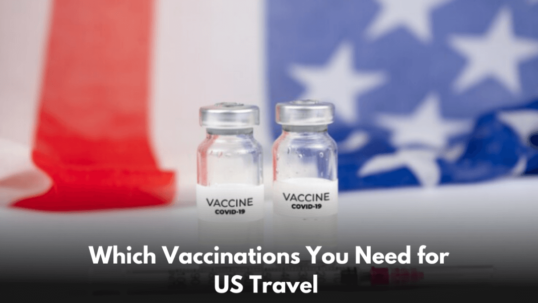 An infographics showing a US flag at the background and 2 vaccines on the front.