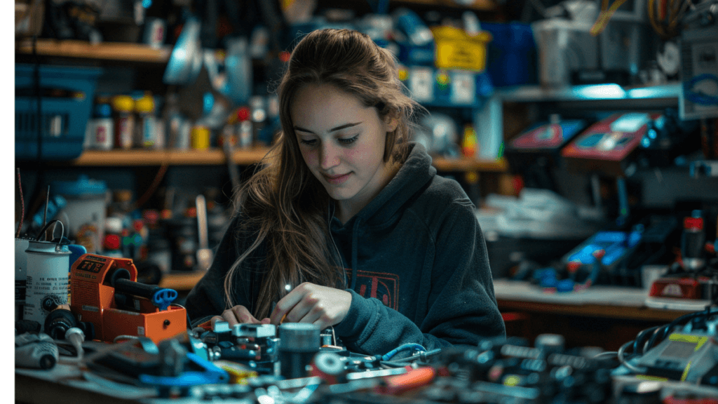 A picture of a girl sitting in a hardware lab working on a hardware machine.