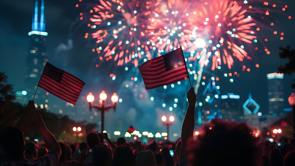 An infographic of people waving US flag in the night with some fireworks at the background.