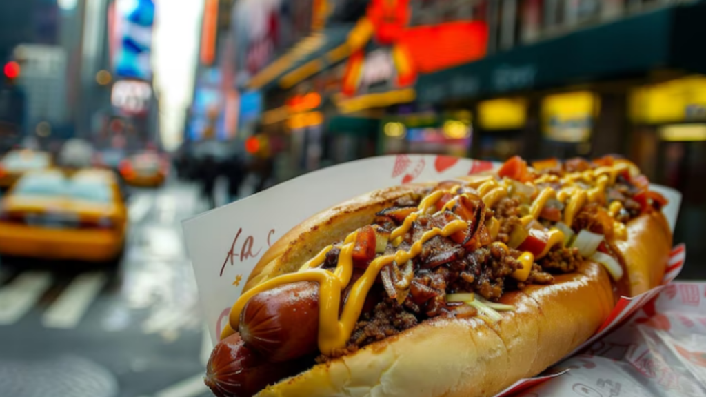 A picture of a Hotdog with a blurred backgound of New York.