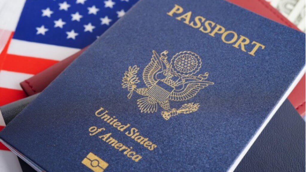 an infographic with a US passport at the front and US flag at the background.