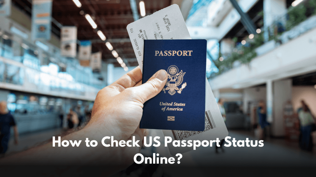 A picture with a hand holding a us passport and boarding pass with a background of airport with a text written 