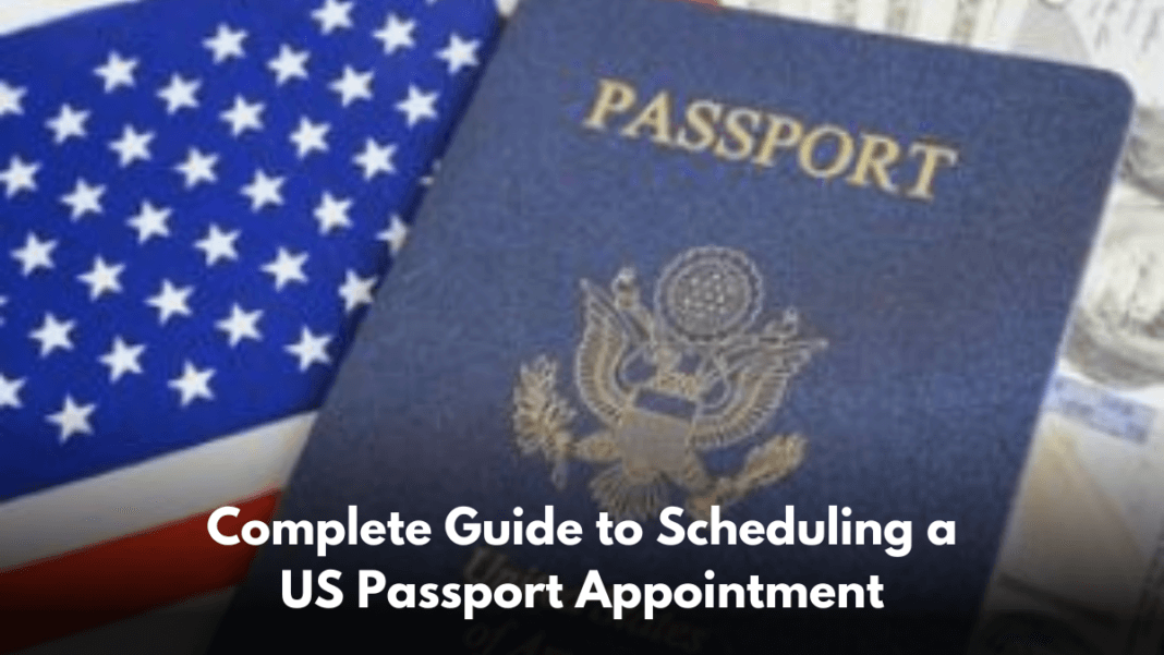 An infographic with a US flag and US Passport withtext wriiten 