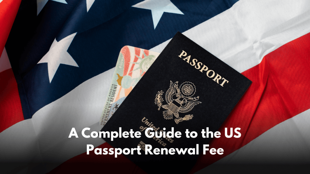 An infographic with a US flag at the background and US passport at the front. With written 