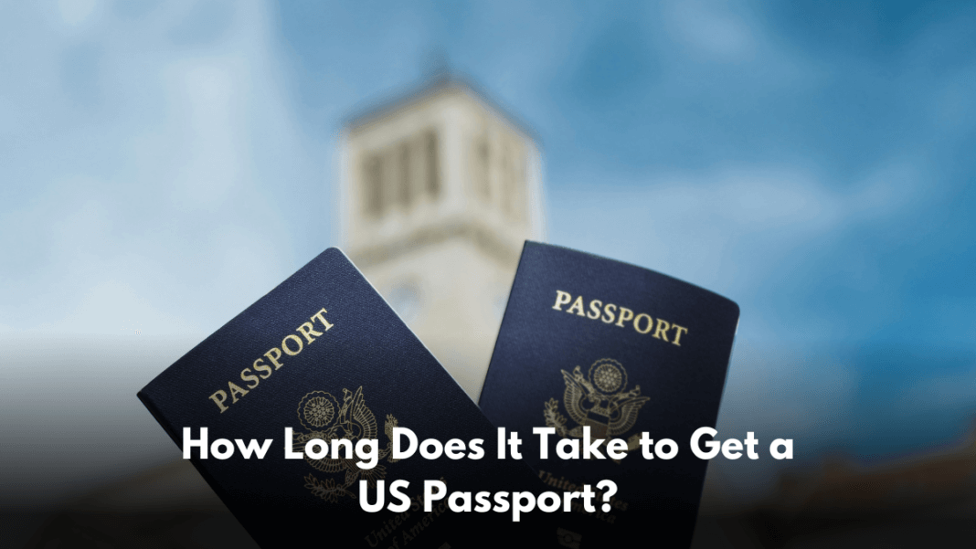 An infographics of two us passports with a background of a tower and a text written 